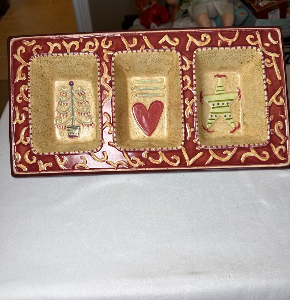 Pfaltzgraff 3 Section Serving Tray Red Heart Star Christmas Tree Folk Art 15.5in